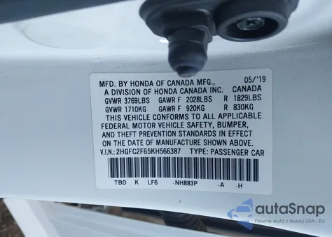 2019 Honda Civic Lx из США, поврежденный, VIN 2HGFC2F65KH566387